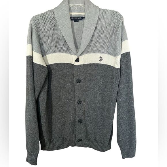 US POLO ASSN Button Front Gray White Color block Sweater XL Preppy Academia - Picture 1 of 9